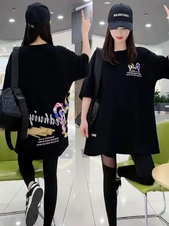 2023夏季新款后背涂鸦印花短袖休闲时尚宽松大码百搭半袖T恤上衣商品大图