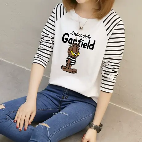 2023春装新款长袖t恤女大码韩版纯棉宽松条纹打底衫学生上衣服潮图片