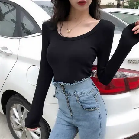 长袖t恤女ins潮小众设计感低领性感紧身显瘦黑色打底衫女洋气上衣商品大图