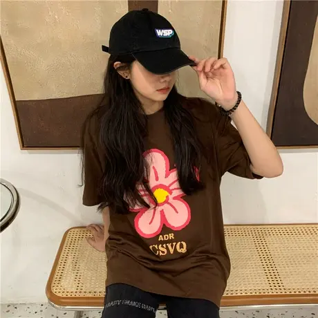 红续2023夏季新款美式复古纯棉短袖T恤女学生宽松原宿风半袖ins潮图片