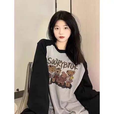 撞色拼接插肩袖T恤女秋装2023新款韩版宽松显瘦纯棉长袖上衣服潮图片