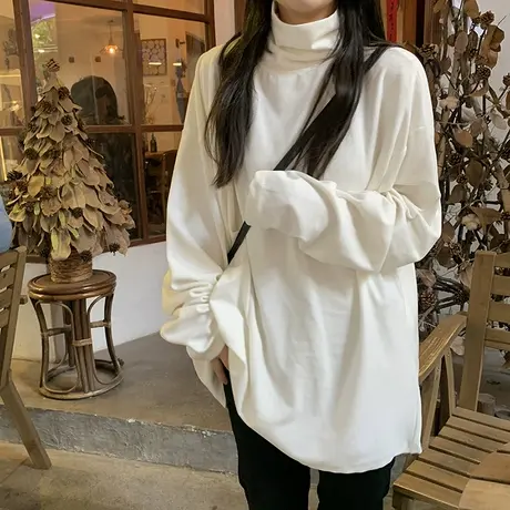 德绒高领打底衫女秋冬内搭卫衣叠穿大码宽松显瘦长袖中长款上衣商品大图