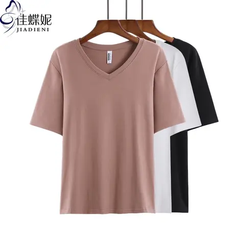 春夏新款韩版V领纯棉宽松纯色简约短袖体恤上衣内搭女打底衫图片