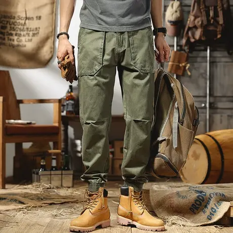 工装裤男2022年夏季宽松纯棉运动束脚长裤松紧腰潮流哈伦休闲裤子商品大图