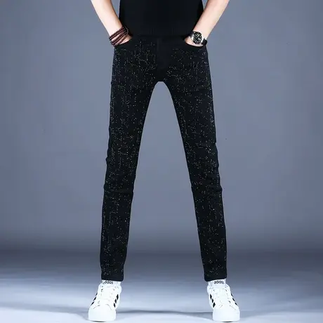 男士黑色烫钻潮牌牛仔裤男款修身小脚弹力秋款新款2023休闲裤子男商品大图