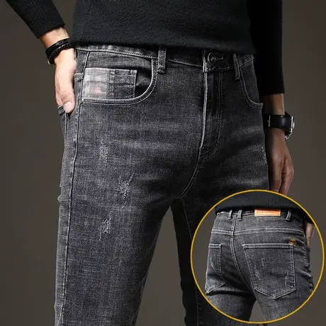 潮牌男士牛仔裤2023年秋季新款灰色高端休闲长裤弹力修身小脚男裤商品大图