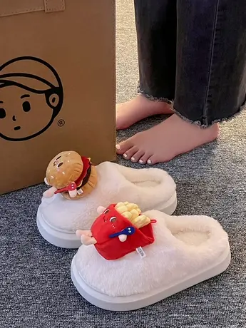 创意卡通汉堡薯条毛毛拖鞋女外穿2023冬季新款时尚小众包头棉拖鞋图片