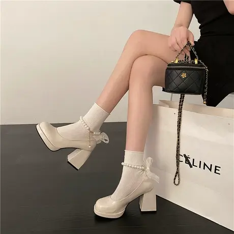 高跟小皮鞋女春秋2023新款白色法式婚鞋复古粗跟厚底增高玛丽珍鞋商品大图