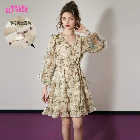 妖精的口袋法式碎花连衣裙女2023秋季新款茶歇v领长袖设计感裙子图片