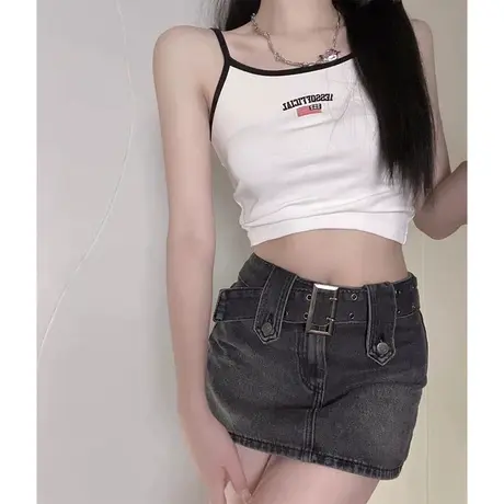 美式复古性感辣妹短款外穿小背心女夏小个子字母刺绣修身内搭上衣图片