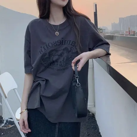 美式街头复古t恤女灰色小众短袖夏季新款大码胖mm时髦上衣2-300斤商品大图
