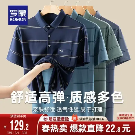 罗蒙男士休闲短袖POLO衫2024夏季新款商务百搭条纹弹力翻领T恤男商品大图