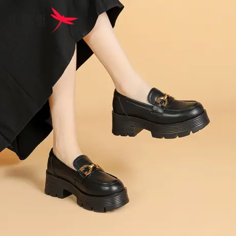 红蜻蜓厚底乐福鞋女2023新款秋季女鞋小个子松糕鞋英伦小皮鞋商品大图