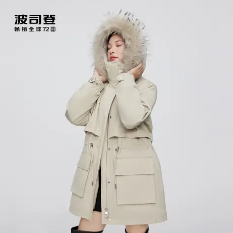 波司登新款内胆可脱卸工装派克一衣三穿大毛领中长款外套羽绒服女图片