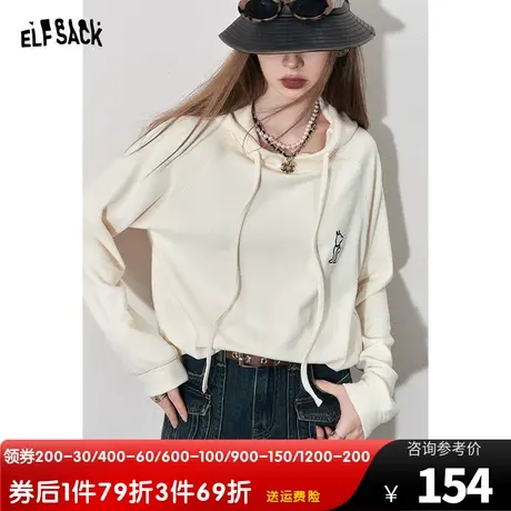 妖精的口袋宽松连帽t恤女2023冬新款小个子白色长袖休闲显瘦上衣商品大图