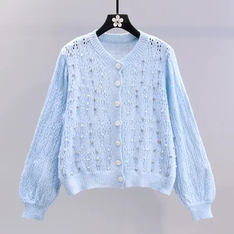 小清新钉珠镂空毛衣外套女2023早秋新款韩版宽松短款减龄针织开衫图片