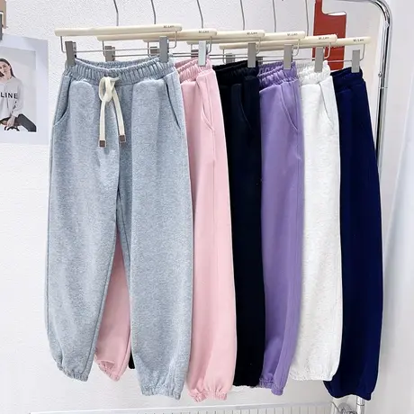 2023春秋款小个子卫裤韩国东大门纯色束脚运动休闲裤子欧货粉灰色图片