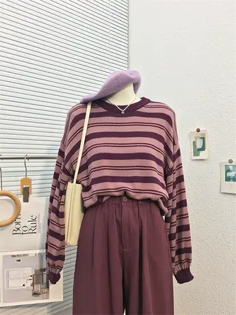 秋装新款圆领长袖条纹毛衣 百搭休闲小清新宽松针织衫百搭上衣服商品大图