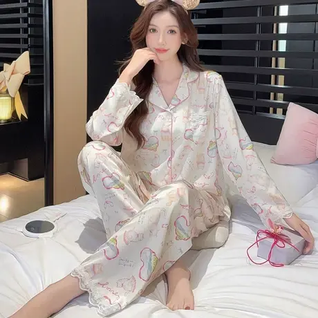 冰丝睡衣女春夏秋季2025新款仿真丝长袖长裤套装高级感丝绸家居服商品大图