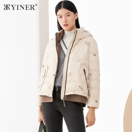 YINER音儿outlets 女装秋季新款绣花短款连帽羽绒服商品大图