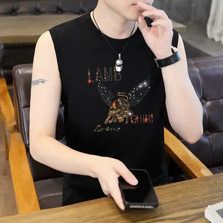 夏季网红冰丝棉无袖T恤男宽松潮牌烫钻ins坎肩大码运动健身白背心图片