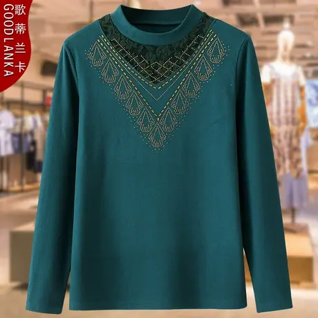 大码中年妈妈秋冬蕾丝镶钻长袖T恤洋气德绒内搭半高领打底衫上衣商品大图
