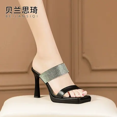 真皮水钻方头厚底外穿细跟凉拖鞋女2025夏季新款防水台高跟拖鞋图片