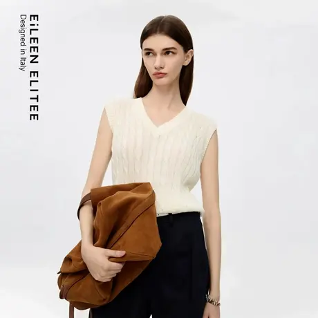 朗姿欧洲EiLEEN ELITEE2025秋新款高级绞花V领无袖亚麻针织马甲女图片