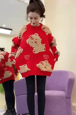 中长款毛衣外套女宽松套头外穿2023早春新款百搭慵懒小熊上衣加厚图片