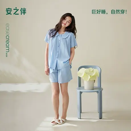 安之伴夏季睡衣女全棉短袖开衫甜美娃娃领短裤两件套可外穿家居服商品大图