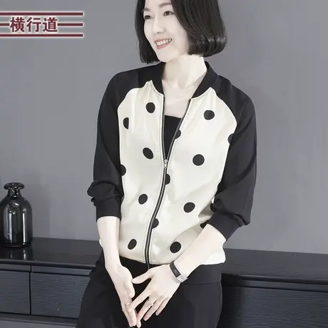 2023新款冬季立领拼接雪纺波点薄款长袖外套女装大码妈妈中年上衣商品大图