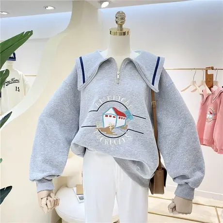 卫衣女加绒加厚2022秋冬新款卡通刺绣宽松海军领半开拉链外套上衣商品大图