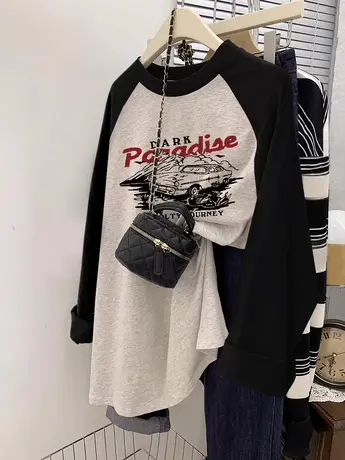 早秋小个子长袖上衣女2023新款爆款内搭T恤ins大码纯棉撞色打底衫商品大图