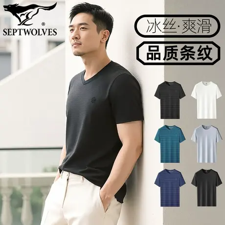 七匹狼条纹短袖男冰感T恤吸汗透气运动汗衫V领打底衣高弹休闲上衣商品大图
