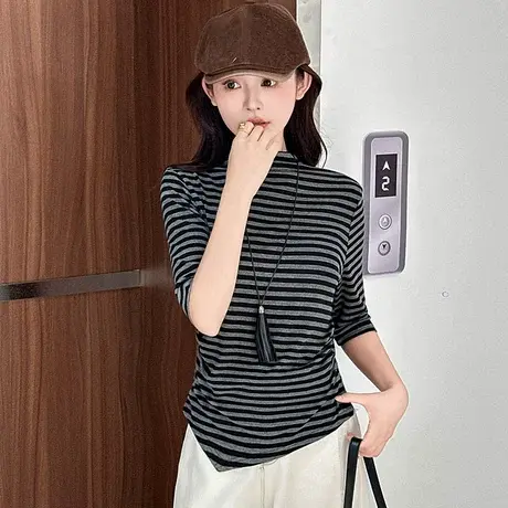 拉夏贝尔条纹半高领五分袖打底衫女2025秋季新款洋气简约中袖上衣图片