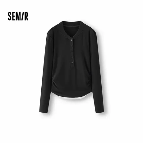 森马长袖T恤女短款发热抓绒假两件2025冬新款亨利领紧身衣服显瘦商品大图