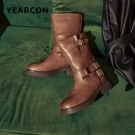 意尔康美拉德风马丁靴女2025秋冬款中筒靴西部靴配裙子骑士靴棕色商品大图