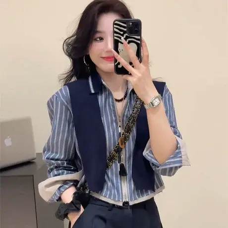 小个子Polo领撞色条纹衬衫女2025新款爆款巨好看小衫短款长袖上衣商品大图