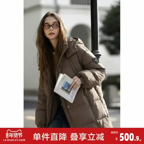 唐狮2026秋冬季女连帽超长款羽绒服过膝保暖时尚百搭棕色羽绒外套商品大图