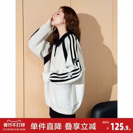 唐狮卫衣女春秋新款美式条纹翻领宽松韩系ins风设计感上衣pc图片