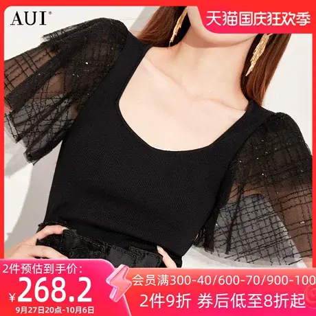 AUI黑色蕾丝拼接短袖针织衫女2023夏新款设计感小众方领修身上衣商品大图