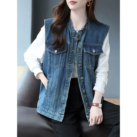 宝诗黎圆领宽松牛仔马夹背心早秋搭配上衣2023新款时尚棉质外套女商品大图