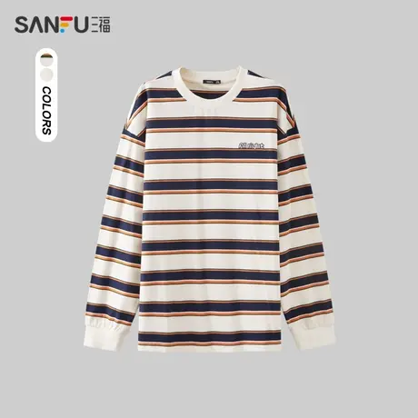 三福2023冬男士英文绣花横条纹长T恤 休闲宽松圆领上衣男477113商品大图