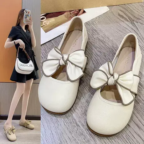 两穿小皮鞋女2023新款软底浅口蝴蝶结一脚蹬玛丽珍平底仙女单鞋商品大图