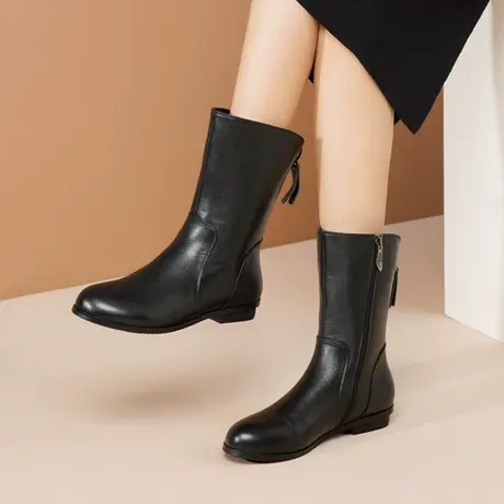 新款短靴女真皮女士靴子圆头全牛皮马丁靴米白色中筒靴软皮平底靴商品大图