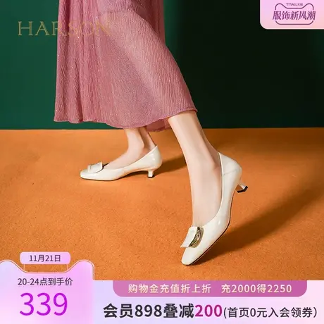 哈森秋季新款时尚通勤粗跟方扣尖头女单鞋中跟HWS230132商品大图