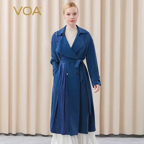 VOA41姆米真丝深蓝条纹不对称翻领长袖撞料拼接双排扣桑蚕丝外套商品大图