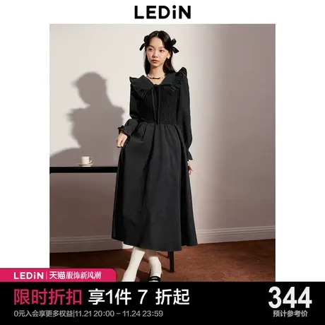 乐町拼接甜美翻领连衣裙23年秋冬新款长袖小黑裙优雅娃娃领连衣裙商品大图