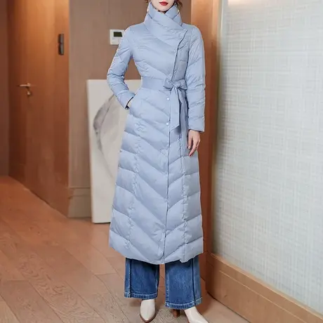 冬装保暖羽绒服2023新款女气质蓝色修身显瘦系带长袖加厚过膝外套图片
