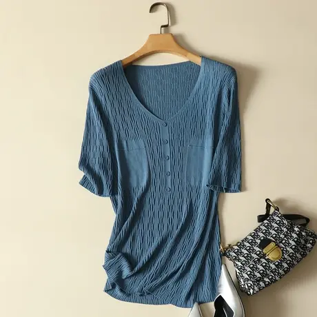 清仓！冰丝针织衫女装2024夏季新款V领宽松套头短袖t恤女薄款打底商品大图